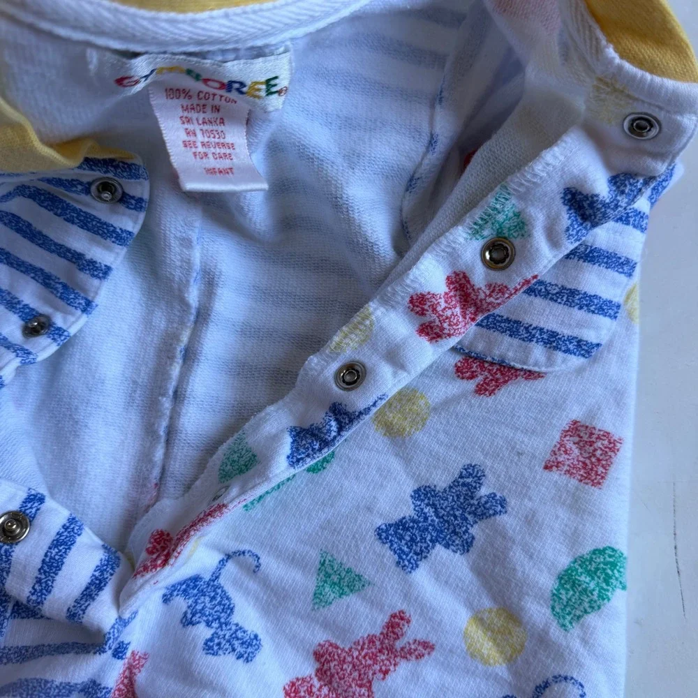 Vintage 90s Gymboree Baby Romper Primary Colors Striped Animal Print 100% Cotton